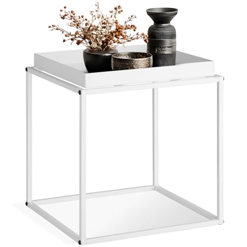 tectake® Beistelltisch aus Metall, quadratisch, stapelbar, Ablagefläche mit hohem Rand, Tabletttisch im Retro Look, 40 x 40 x 44 cm (Weiß | Nr. 404183) von tectake