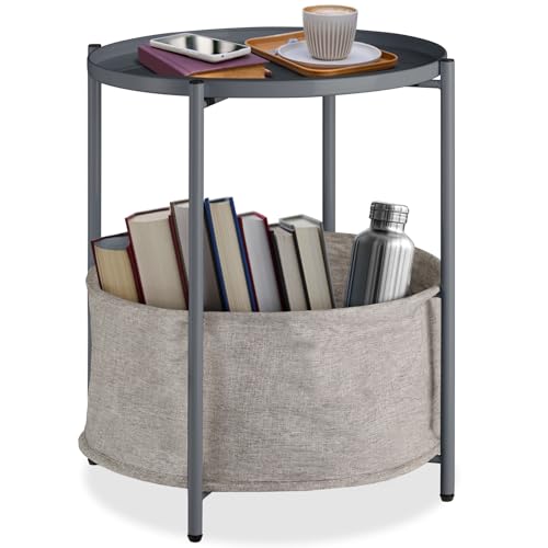 tectake® Beistelltisch rund aus Metall, abnehmbares Tablett, Couchtisch mit Korb als Stauraum, modernes Design, Ø45,5 x H53 cm (Dunkelgrau | Nr. 404191) von tectake