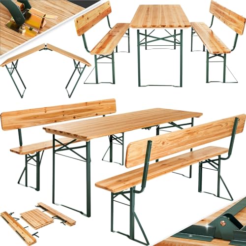 tectake® Bierzeltgarnitur mit Lehne, 3-teilige Festzeltgarnitur aus Holz, Bierbankgarnitur mit Tisch und 2 Bänken, klappbare Biertischgarnitur, für Festzelt Camping Garten, Klapptisch, Gartenmöbel Set von tectake