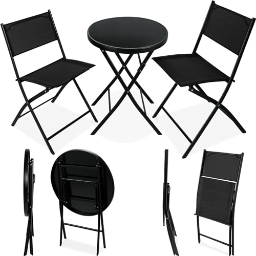 tectake® Bistroset, Tisch und 2 x Stuhl, Kleiner runder Esstisch, Klapptisch und Klappstühle Set, platzsparende Möbel Outdoor wetterfest für Balkon, Terrasse, Gartenmöbel - schwarz von tectake