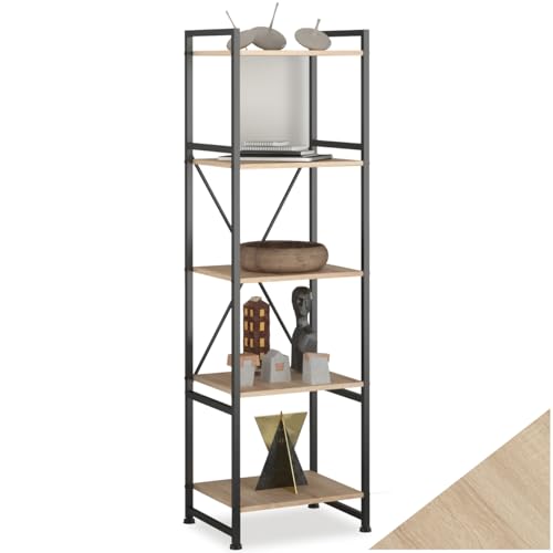 tectake® Bücherregal im Industrie-Design, offenes Regal mit 5 Ebenen, Vintage Standregal mit Kippschutz, Regal schmal für Büro Wohnzimmer Küche, 47,5x34,5x151,5 cm - Industrial Holz hell, Eiche Sonoma von tectake