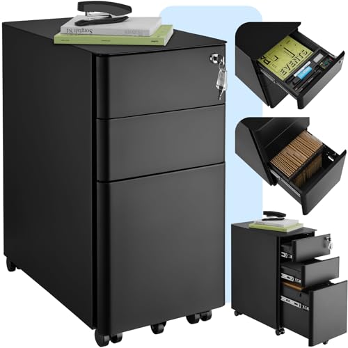 tectake® Büro Metall Aktenschrank mit Rollen, abschließbare Kommode mit Schubladen für Schreibtisch, Rollcontainer, Schubladenschrank, Organzier, Rollwagen Schrank abschließbar (schwarz) von tectake