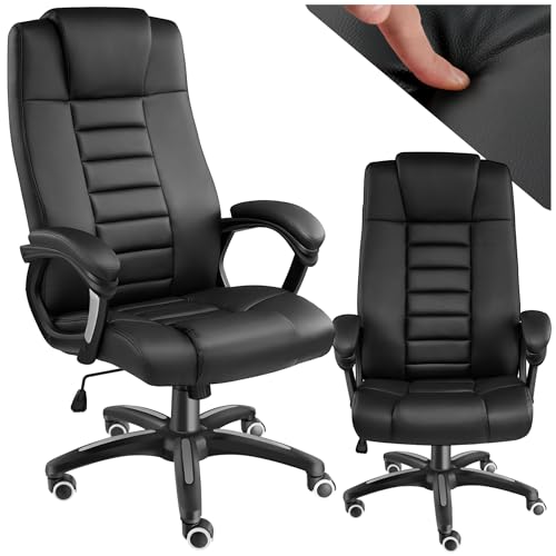 tectake® Bürostuhl, Chefsessel, Drehstuhl mit Rollen, Computerstuhl, höhenverstellbarer Schreibtischstuhl, ergonomischer Bürostuhl aus Kunstleder, Armlehnen & Wippfunktion, 12 cm Polsterung - schwarz von tectake