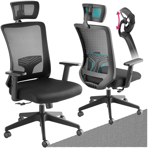 tectake® Bürostuhl ergonomisch mit Rückenstütze, ergonomischer Sessel, Stuhl, Office Chair Drehstuhl mit Rollen, Schreibtischstuhl für Home Office, Computerstuhl, für Gamer, PC Arbeit von tectake