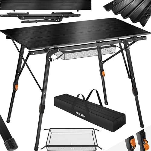 tectake® Campingtisch, Klapptisch aus Aluminium, Campingtisch faltbar, Reisetisch, Gartentisch klappbar, wetterfest, aufrollbare Tischplatte, höhenverstellbare Beine, Tragetasche, 90 x 52 cm - schwarz von tectake