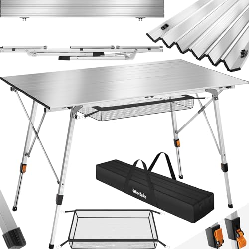 tectake® Campingtisch, Klapptisch aus Aluminium, aufrollbare XXL Tischplatte, Campingtisch faltbar, Reisetisch, Gartentisch, wetterfest, höhenverstellbare Beine, Tragetasche, 120 x 70,5cm - Silber von tectake