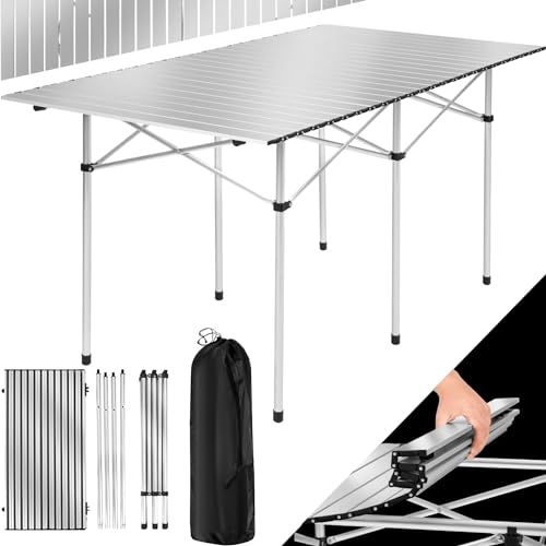 tectake® Campingtisch faltbar, Gartentisch mit klappbarem Aluminiumgestell, Falttisch, Klapptisch für Garten Terrasse Balkon Camping, Gartentisch wetterfest mit Tragetasche, 140 x 70 x 70 cm, Silber von tectake