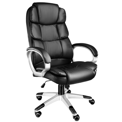 tectake® Chefsessel, Bürostuhl mit 12 cm Polsterung, Schreibtischstuhl mit Armlehnen & Wippfunktion, ergonomischer Bürostuhl, höhenverstellbar, PC Stuhl, Drehstuhl mit Rollen in Lederoptik - schwarz von tectake