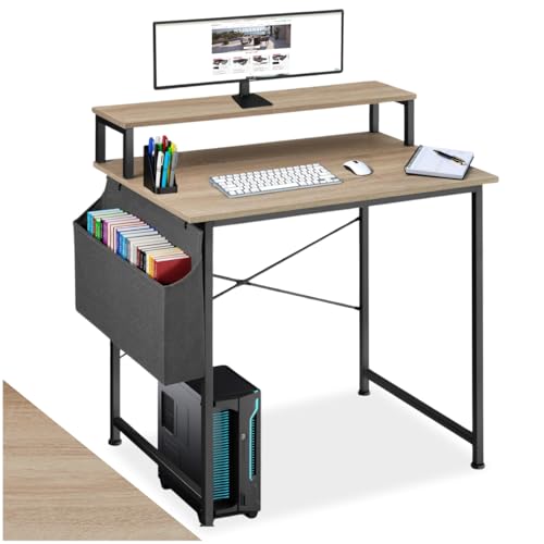 tectake® Computertisch mit Ablage Schreibtisch Zubehör, Bürotisch mit Monitorständer, Gaming Tisch, Laptoptisch für Home Office, 85,5 x 46,5 x 140 cm - Industrial Holz hell, Eiche Sonoma, 80 cm von tectake
