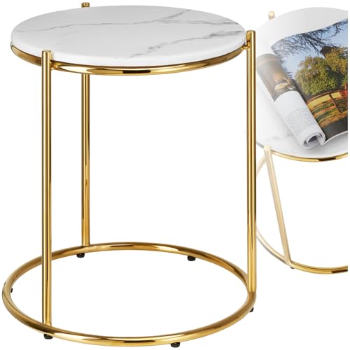 tectake® Couchtisch rund, Kleiner Tisch, Beistelltisch Metall und Marmor, Wohnzimmer Möbel, Coffee Table, Beistelltisch, Nachttisch rund, Sofatisch, Kaffeetisch modern - weiß/Gold von tectake