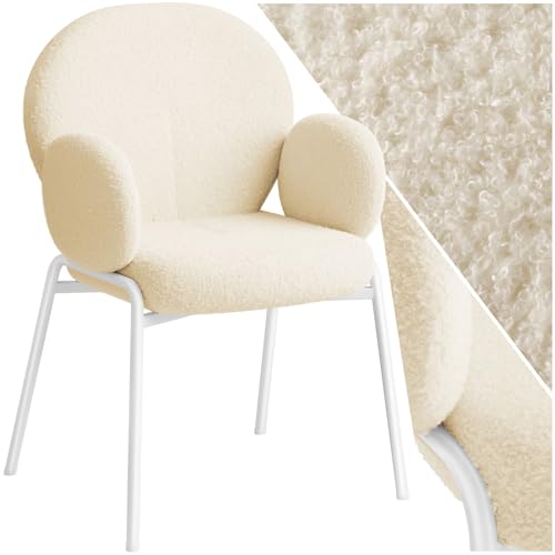 tectake® Esszimmer Stuhl mit Armlehne, Wohnzimmer Sessel, Dining Chair, Loungesessel skandinavisch, Polsterstuhl bequem, Bouclé Teddystoff Bezug, Statement Möbel für Schlafzimmer (Creme) von tectake