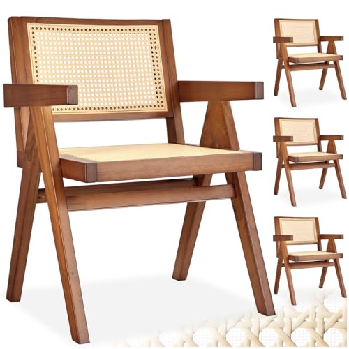 tectake® Esszimmerstühle, Korbsessel Wiener Geflecht, Esstisch Stühle, Essstühle, Küchenstühle 4er Set, Armlehnstuhl, Stühle Esszimmer, Sessel Wohnzimmer - Eiche dunkel mit Armlehne, 4er Set von tectake
