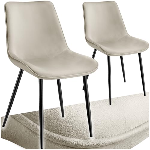 tectake® Esszimmerstühle 2er Set, Polsterstuhl, Küchenstuhl, Wohnzimmerstuhl, Schminktisch Stuhl, ergonomischer Stuhl mit Rückenlehne und Sitzfläche aus Samt, Schwarze Metallbeine - Creme von tectake