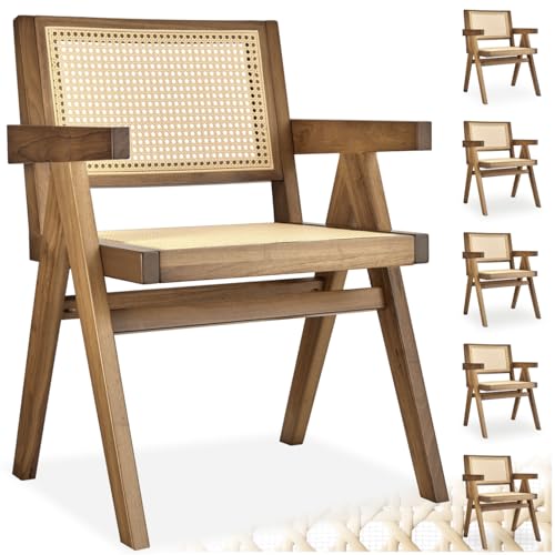 tectake® Esszimmerstühle 6er Set, Stuhl mit Armlehne, Korbsessel Wiener Geflecht, Esstisch Stühle, Essstühle, Armlehnstuhl, Stühle Esszimmer, Sessel Wohnzimmer - Eiche hell mit Armlehne, 6er Set von tectake