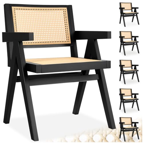 tectake® Esszimmerstühle 6er Set, Stuhl mit Armlehne, Korbsessel Wiener Geflecht, Esstisch Stühle, Essstühle, Armlehnstuhl, Stühle Esszimmer, Sessel Wohnzimmer - schwarz mit Armlehne, 6er Set von tectake