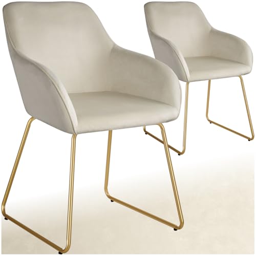 tectake® Esszimmerstühle Samtstoff, Stühle 2er Set, Armlehnstuhl Esszimmer, Sessel Wohnzimmer, Schminktisch Stuhl, Office Chair, Sessel Schlafzimmer, Lounge Möbel - Creme/Gold, 2er Set von tectake