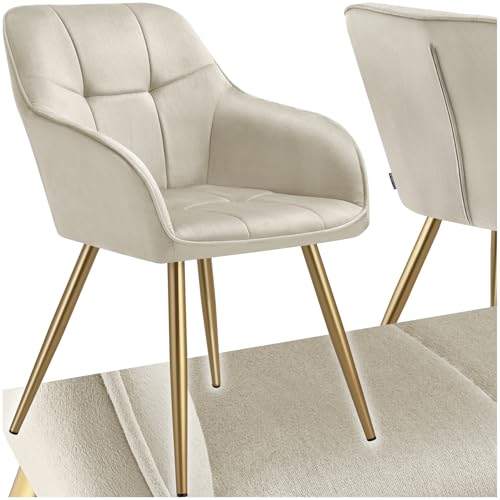 tectake® Esszimmerstuhl, Samt Stuhl, mit gestepptem Samtstoff, Armlehnstuhl Esszimmer, Küchenstühle modern, gemütlicher Sessel Wohnzimmer, Dining Lounge, Schminktisch Stuhl- Creme/Gold von tectake