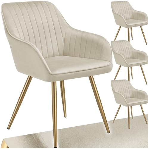 tectake® Esszimmerstuhl, gesteppter Samtstoff Stuhl, mit Armlehnen, als Essgruppe, Küchenstühle modern, gemütlicher Sessel Wohnzimmer, Dining Lounge, Schminktisch Stuhl- Creme/Gold, 4er Set von tectake