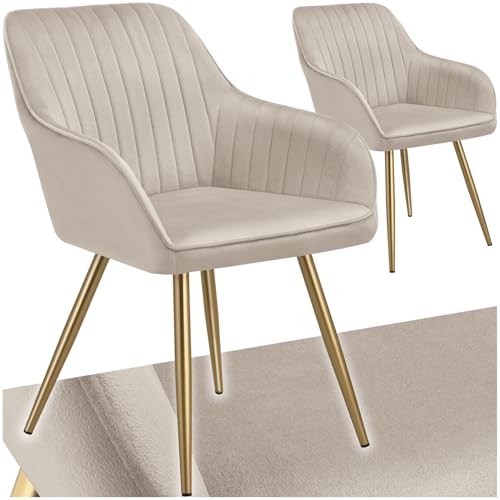 tectake® Esszimmerstuhl, gesteppter Samtstoff Stuhl, mit Armlehnen, als Essgruppe, Küchenstühle modern, gemütlicher Sessel Wohnzimmer, Dining Lounge, Schminktisch Stuhl- Taupe/Gold, 2er Set von tectake