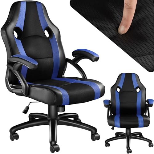 tectake® Gaming Stuhl, Bürostuhl ergonomisch, Racing Bürostuhl, Chefsessel mit Wippfunktion und Armlehnen, Drehstuhl, höhenverstellbarer Schreibtischstuhl, PC Stuhl, Gaming Chair - schwarz/blau von tectake