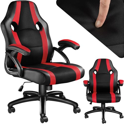 tectake® Gaming Stuhl, Bürostuhl ergonomisch, Racing Bürostuhl, Chefsessel mit Wippfunktion und Armlehnen, Drehstuhl, höhenverstellbarer Schreibtischstuhl, PC Stuhl, Gaming Chair - schwarz/rot von tectake