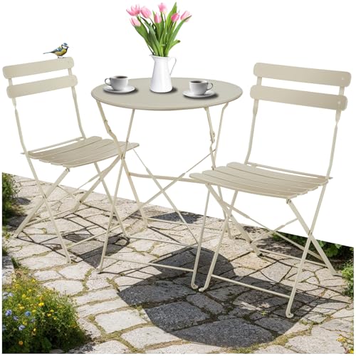 tectake® Gartenmöbel Bistro Set aus Gartentisch mit Stühlen, Balkonmöbel Kleiner Balkon, Klapptisch mit 2X Gartenstuhl, Outdoor Sitzgruppe mit Balkontisch, wetterfest für Garten, Balkon (Creme) von tectake