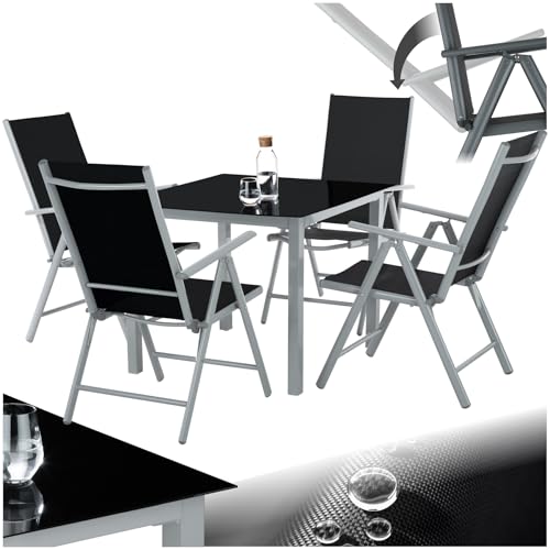 tectake® Gartenmöbel Set mit Tisch und 4 klappbaren Stühlen mit Verstellbarer Rückenlehne, Aluminium Gartenmöbel 4+1, Sicherheitsglas Tischplatte, Gartentisch mit Stühlen, wetterfest - Silber von tectake