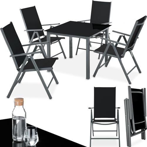 tectake® Gartenmöbel Set mit Tisch und 4 klappbaren Stühlen mit Verstellbarer Rückenlehne, Aluminium Gartenmöbel 4+1, Sicherheitsglas Tischplatte, Gartentisch mit Stühlen, wetterfest - anthrazit von tectake