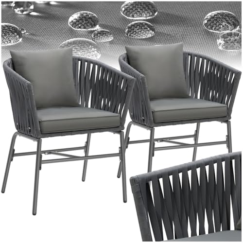 tectake® Gartenstühle Set, Geflecht-Stuhl, Gartenstuhl Rope, Stühle Outdoor, Balkon Sessel, Terrassenmöbel mit Sitzpolster und Kissen für Garten, als Terrassenstuhl, Gartensessel - 2er Set von tectake