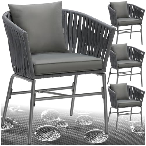 tectake® Gartenstühle Set, Geflecht-Stuhl, Gartenstuhl Rope, Stühle Outdoor, Balkon Sessel, Terrassenmöbel mit Sitzpolster und Kissen für Garten, als Terrassenstuhl, Gartensessel - 4er Set von tectake