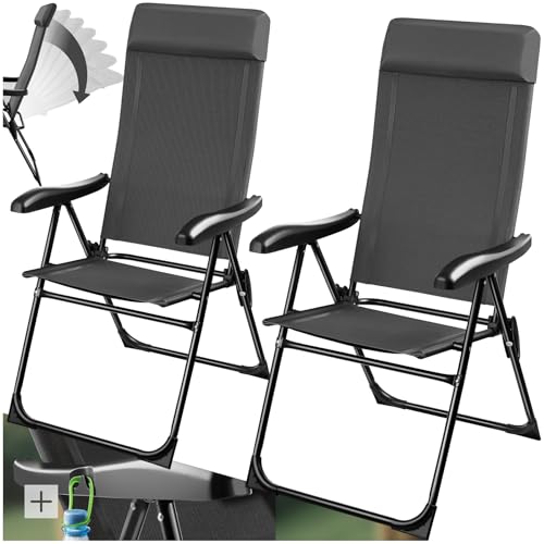 tectake® Gartenstuhl Hochlehner, Gartenmöbel Set, Liegestuhl 7-Fach verstellbar, Klappstuhl, Campingstuhl, Klappstühle Balkon Möbel, Camping Stuhl, Gartenstühle - anthrazit, 2er Set von tectake