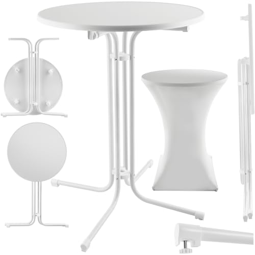 tectake® Gastro Stehtisch klappbar, Bistrotisch mit Husse, Tisch Ø80cm, Stehtisch mit MDF-Tischplatte, Gartentisch klappbar, Klapptisch, rund, Stahlgestell, stabil und robust - weiß von tectake