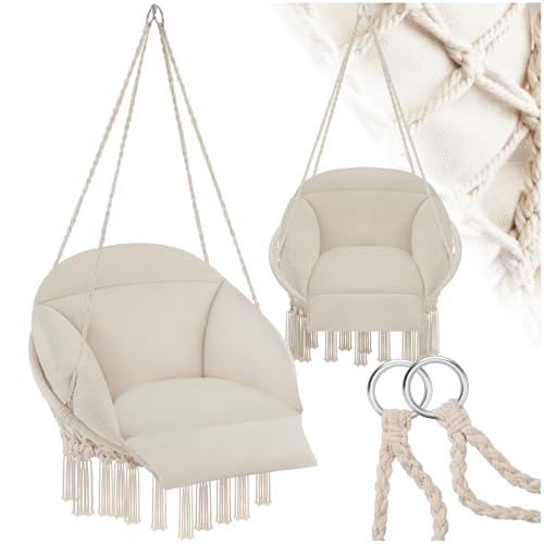tectake® Hängesessel, Hängeschaukel mit dicken Kissen & Quasten, Boho Hängekorb Ø 80 cm, Hängesessel mit Gestell für Garten, Balkon und Wohnzimmer, Nestschaukel Outdoor & Indoor, Gartenstuhl - beige von tectake