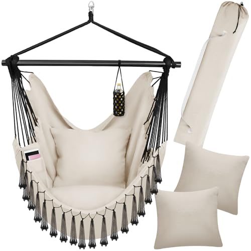 tectake® Hängesessel Outdoor wetterfest oder Indoor mit Tabletfach und Getränkehalterung, Makramee Schaukel für Balkon, Hängestuhl Garten, Hängeschaukel belastbar bis 150 kg - beige von tectake