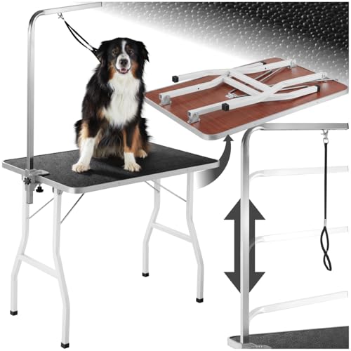 tectake® Haustier Trimmtisch, Frisiertisch Hund und Katze, Pflegetisch, Hundefriseur Zubehör, Dog Grooming, mit Galgen, Groomer Tisch klappbar, Schertisch Hund gummiert und Kratzfest - schwarz/weiß von tectake