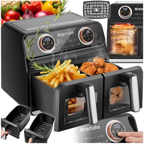 tectake® Heißluftfritteuse 2 Kammern, XXL Doppelkammer Airfryer, Dual Fritteuse mit Heißluft, Doppel Heißluftfritteuse mit Zubehör Rezeptheft, Heißluft Fritteuse ohne Öl, 8 l Fassungsvolumen von tectake