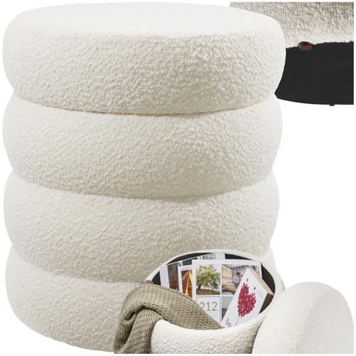 tectake® Hocker mit Stauraum, Scandi Sitzhocker Bouclé Teddy Stoff, Pouf, Polsterhocker rund für Schminktisch, Wohnzimmer Möbel, als Flur Möbel, Stauhocker Wohnen, Ø 42 x 47 cm - Bouclé Creme-weiß von tectake