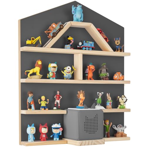 tectake® Holz Regal mit Magnetstreifen für Wand Montage, Wandregal für's Kinderzimmer, Aufbewahrung Musikbox, für Tonies Tonie Hörfiguren und Toniebox - anthrazit von tectake