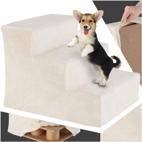 tectake® Hundetreppe oder Katzentreppe, Haustiertreppe, Einstiegshilfe mit waschbarem Bezug, extra Flache Treppenstufen, Tiertreppe für Sofa, Bett oder Auto (Sand, 37 x 45 x 34,5 cm, 3) von tectake