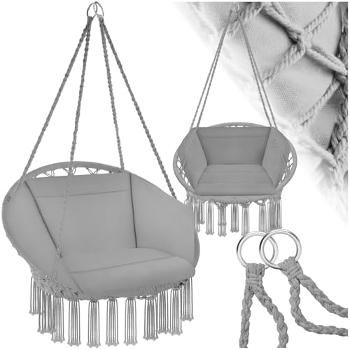 tectake® Indoor und Outdoor Hängesessel, Terrassen und Balkonmöbel, Hängesessel mit Gestell, robuste Konstruktion mit großem weichem Kissen, Hängesessel bis 150 kg - grau von tectake