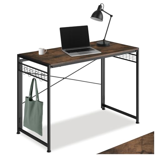 tectake® Industrial Schreibtisch klappbar, Foldable Table, PC Tisch Klapptisch, Arbeitstisch mit 8 Haken, 102 x 51 x 77 cm, Laptop Tisch, Study Table Office Space - Industrial Dunkelbraun von tectake