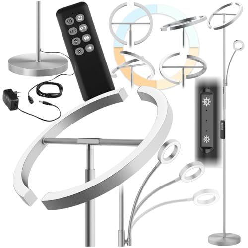 tectake® LED Stehlampe, Stehlampe dimmbar, Bogenlampe, Stehlampe mit Leselicht, Fernbedienung, Ambient Light für Wohnzimmer, Schlafzimmer, am Bett als Leselampe oder Schreibtischlampe (silber) von tectake