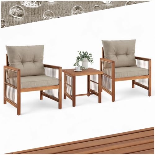 tectake® Lounge Set, Balkonmöbel Bistrotisch Set mit 2X Gartenstuhl Holz und Balkon Tisch, Gartenlounge Set im Rope Design, Garten Lounge, Balkonmöbel Set mit XXL Polsterung von tectake