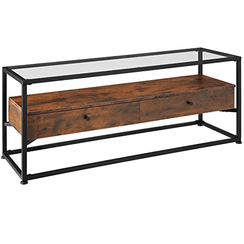 tectake® Industrial Lowboard, Kommode mit Schubladen, TV Schrank Regal mit Glas Ablage, Sideboard Wohnzimmer 121,5 x 41,5 x 50,5 cm, Fernsehtisch, TV Ständer - Industrial Dunkelbraun von tectake