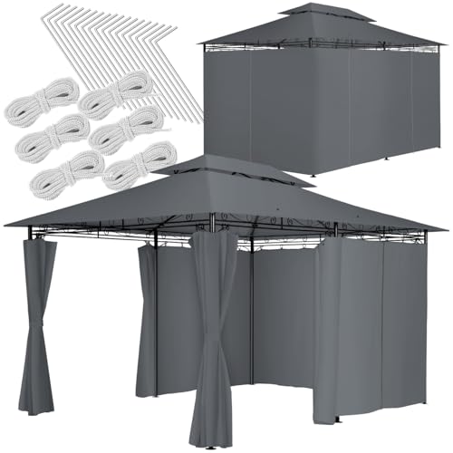 tectake® Luxus Pavillon 3x4, Gartenpavillon mit 6 Seitenteilen, wasserabweisend und UV-beständig, abgesetztes Dach, Pavillon inkl. Spannseile und Heringe, Partyzelt für Garten und Terrasse - anthrazit von tectake