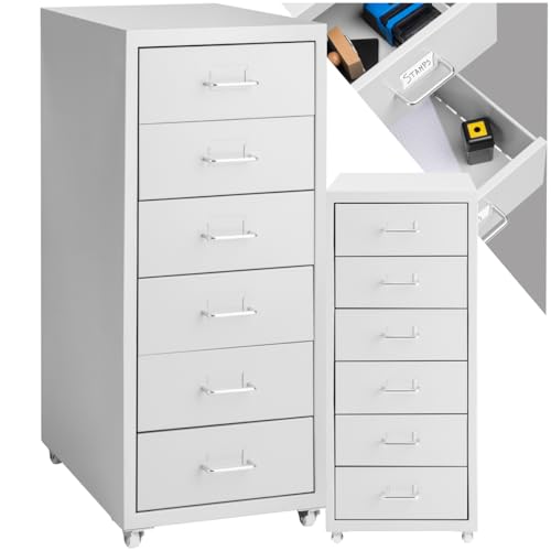 tectake® Metall Rollcontainer, Büromöbel für Schreibtisch, Büro Organizer mit 6 Schubladen, Schubladenschrank 41x28x69 cm - hellgrau von tectake
