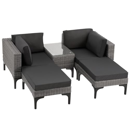 tectake® Outdoor Rattan Lounge, 5-teiliges Gartenmöbel Sofa Set, frei kombinierbar, mit Ecksessel, Hocker, Tisch, Gartenlounge, inkl Sitz- und Rückenkissen - grau von tectake