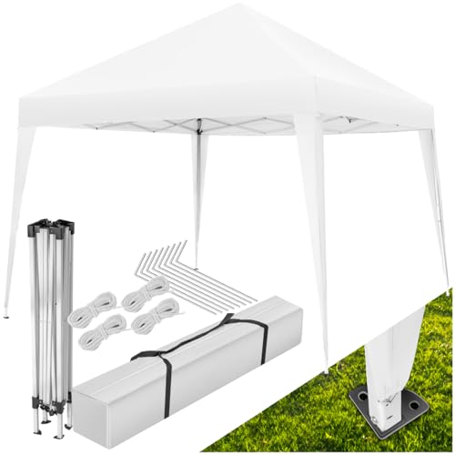 tectake® Pavillon 3x3, Gartenpavillon 3x3, wasserabweisend, höhenverstellbarer Faltpavillon mit Pop Up Klicksystem, Partyzelt für Garten, Festival, Camping, mit Spannseile, Heringe und Tasche - weiß von tectake