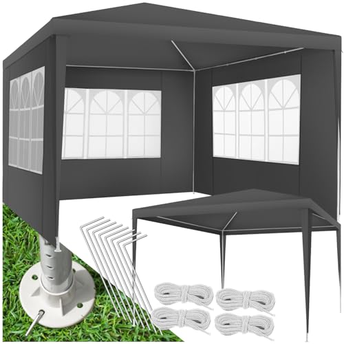 tectake® Pavillon 3x3 m, Zelt groß, wasserdicht, für Garten und Camping, Gartenpavillon, Partyzelt, Event Shelter, Festzelt, Gartenpavillon 3x3 m mit 3 Seitenwänden mit Fenstern, inkl. Heringe - grau von tectake