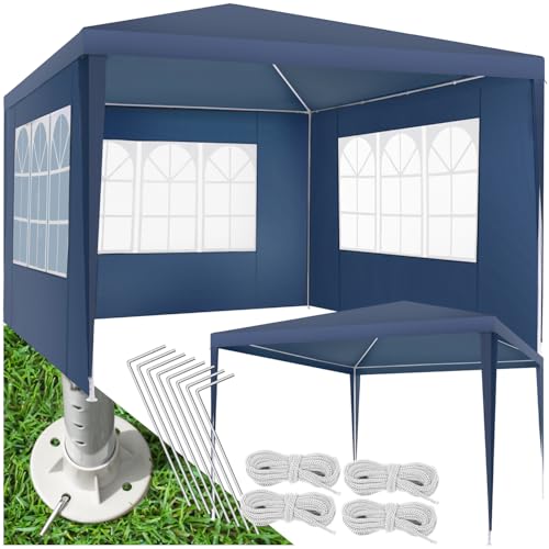 tectake® Pavillon 3x3 m mit verstärktem Gestell, Zelt groß, wasserdicht, Gartenpavillon, Partyzelt, Event Shelter, Festzelt, Gartenpavillon 3x3 m mit 3 Seitenwänden mit Fenstern, inkl. Heringe - blau von tectake